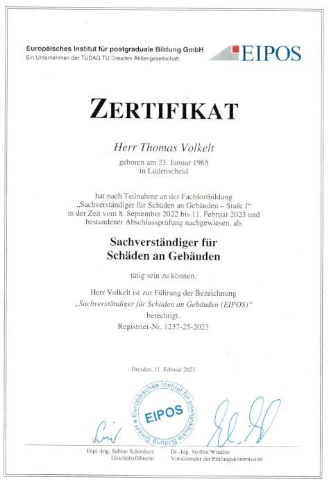 Zertifikat EIPOS – Geprüfter Sachverständiger